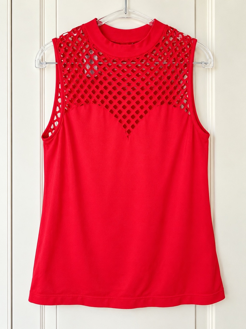Venus 1X Cherry Red Sleeveless Cutout Mesh Neck Top Stretch Blouse Plus Size